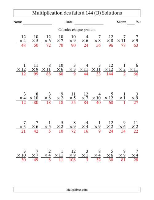 Multiplication des faits à 144 (50 Questions) (Pas de zéros) (B) page 2