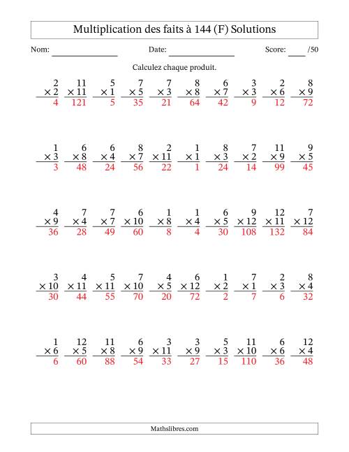 Multiplication des faits à 144 (50 Questions) (Pas de zéros) (F) page 2