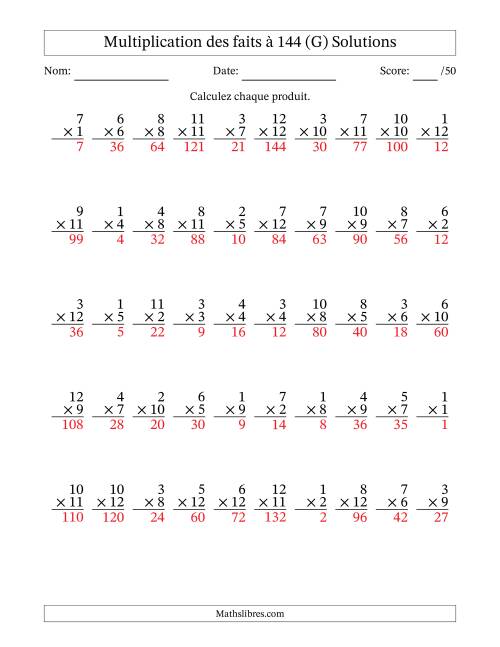 Multiplication des faits à 144 (50 Questions) (Pas de zéros) (G) page 2
