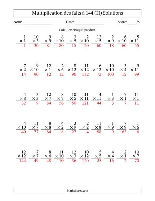 Multiplication des faits à 144 (50 Questions) (Pas de zéros) (H) page 2