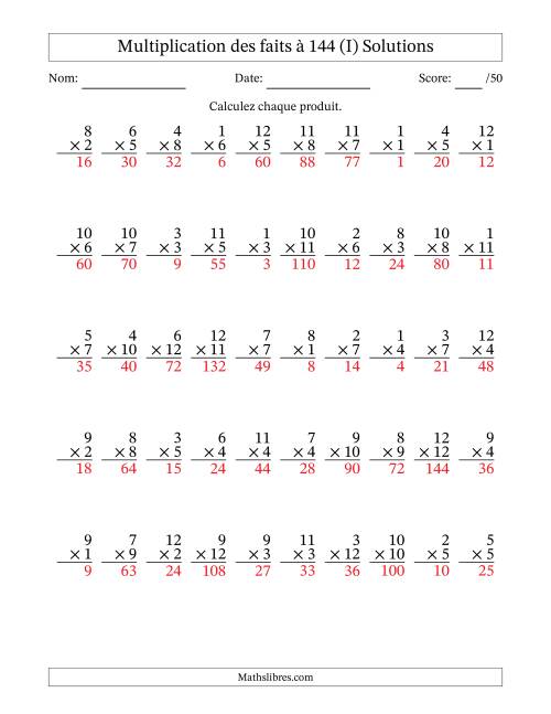 Multiplication des faits à 144 (50 Questions) (Pas de zéros) (I) page 2