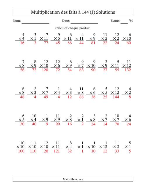 Multiplication des faits à 144 (50 Questions) (Pas de zéros) (J) page 2