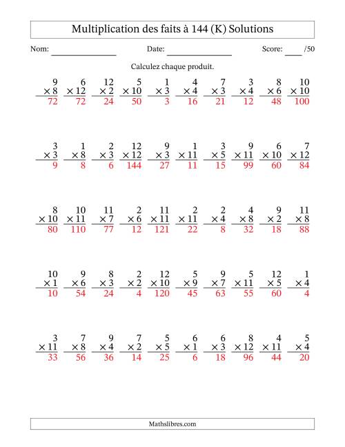 Multiplication des faits à 144 (50 Questions) (Pas de zéros) (K) page 2