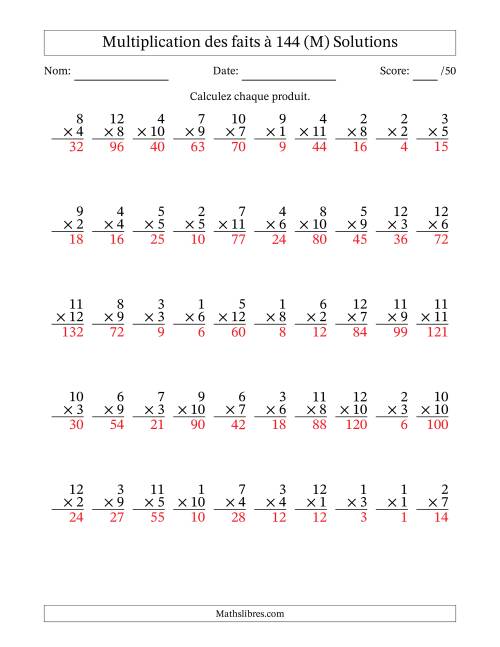 Multiplication des faits à 144 (50 Questions) (Pas de zéros) (M) page 2