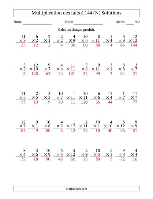 Multiplication des faits à 144 (50 Questions) (Pas de zéros) (N) page 2