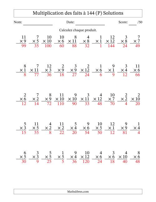 Multiplication des faits à 144 (50 Questions) (Pas de zéros) (P) page 2