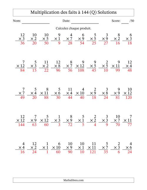 Multiplication des faits à 144 (50 Questions) (Pas de zéros) (Q) page 2