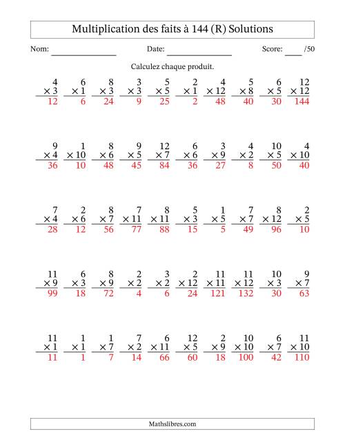 Multiplication des faits à 144 (50 Questions) (Pas de zéros) (R) page 2