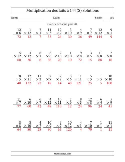 Multiplication des faits à 144 (50 Questions) (Pas de zéros) (S) page 2