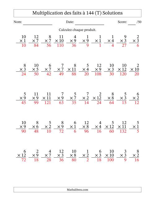Multiplication des faits à 144 (50 Questions) (Pas de zéros) (T) page 2
