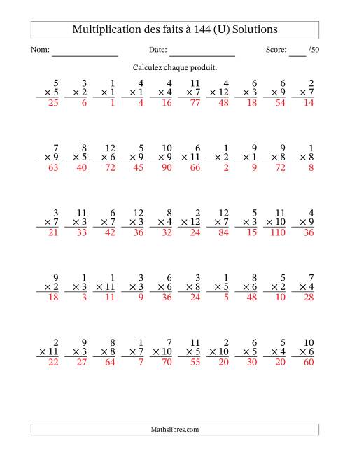 Multiplication des faits à 144 (50 Questions) (Pas de zéros) (U) page 2