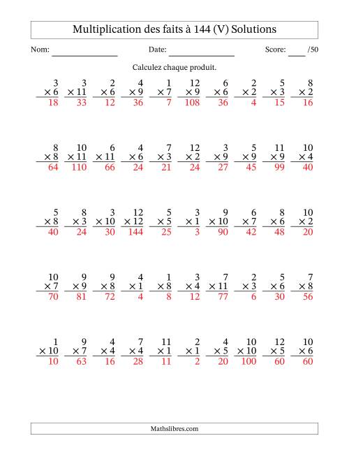 Multiplication des faits à 144 (50 Questions) (Pas de zéros) (V) page 2