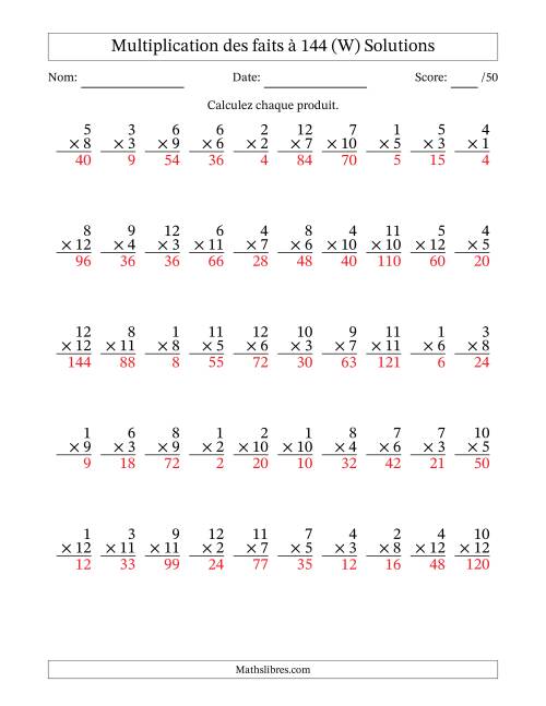 Multiplication des faits à 144 (50 Questions) (Pas de zéros) (W) page 2