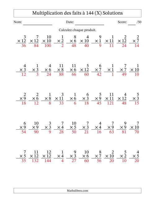 Multiplication des faits à 144 (50 Questions) (Pas de zéros) (X) page 2