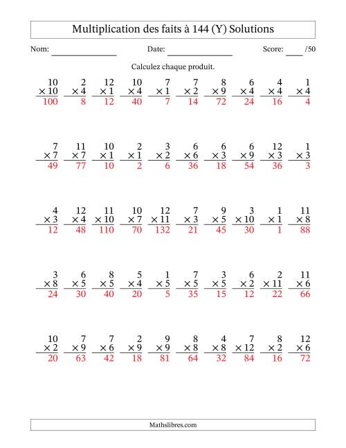 Multiplication des faits à 144 (50 Questions) (Pas de zéros) (Y) page 2