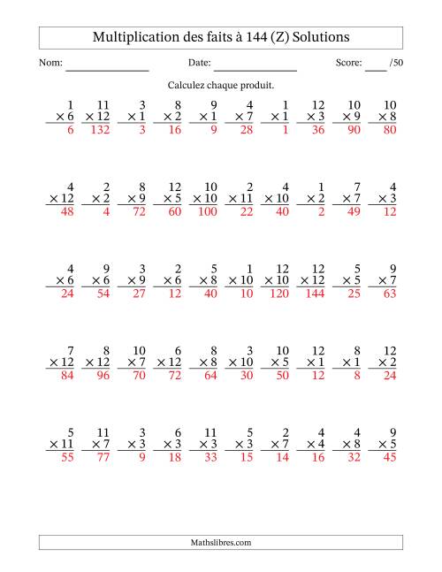 Multiplication des faits à 144 (50 Questions) (Pas de zéros) (Z) page 2