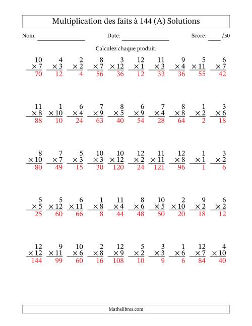 Multiplication des faits à 144 (50 Questions) (Pas de zéros) (Tout) page 2