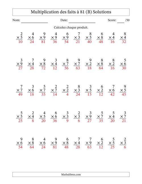 Multiplication des faits à 81 (50 Questions) (Pas de zéros ni de uns) (B) page 2