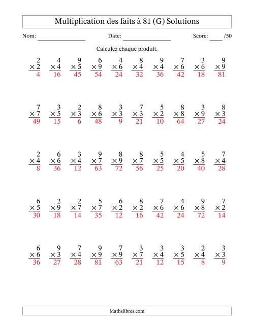 Multiplication des faits à 81 (50 Questions) (Pas de zéros ni de uns) (G) page 2