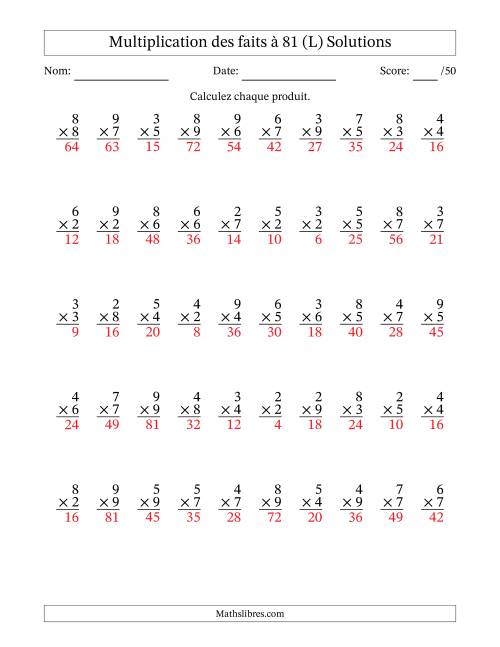 Multiplication des faits à 81 (50 Questions) (Pas de zéros ni de uns) (L) page 2