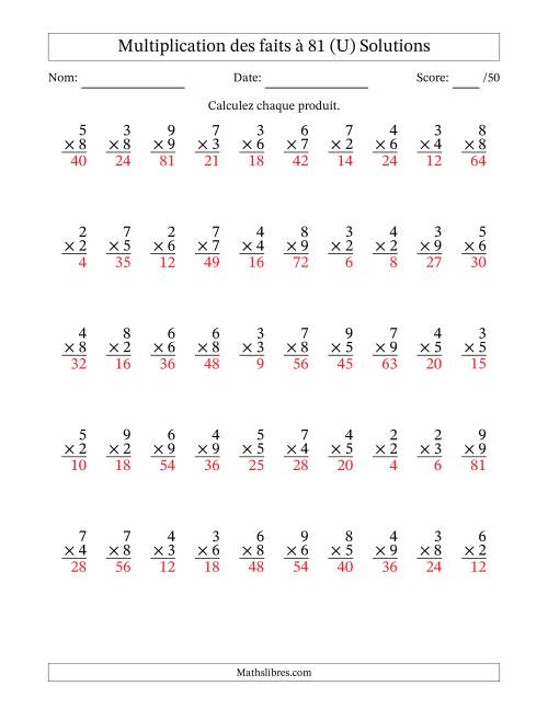 Multiplication des faits à 81 (50 Questions) (Pas de zéros ni de uns) (U) page 2