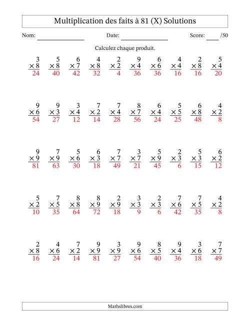 Multiplication des faits à 81 (50 Questions) (Pas de zéros ni de uns) (X) page 2