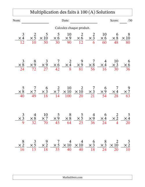 Multiplication des faits à 100 (50 Questions) (Pas de zéros ni de uns) (A) page 2