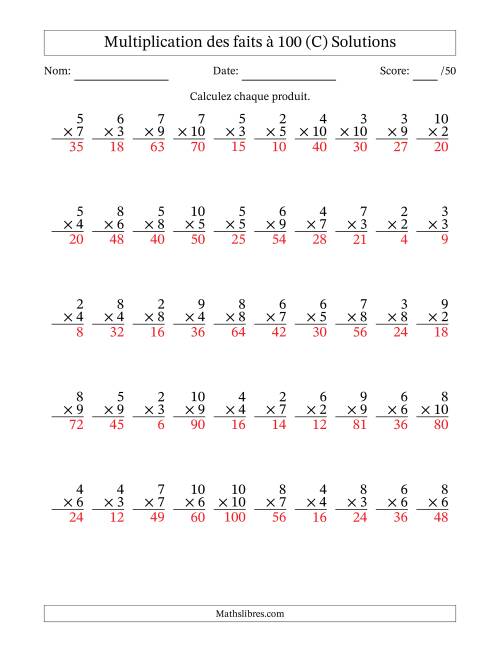 Multiplication des faits à 100 (50 Questions) (Pas de zéros ni de uns) (C) page 2