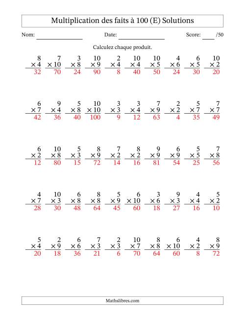 Multiplication des faits à 100 (50 Questions) (Pas de zéros ni de uns) (E) page 2