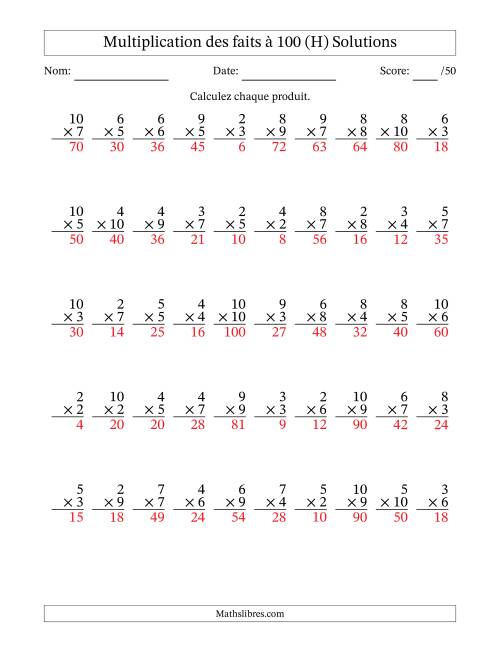 Multiplication des faits à 100 (50 Questions) (Pas de zéros ni de uns) (H) page 2