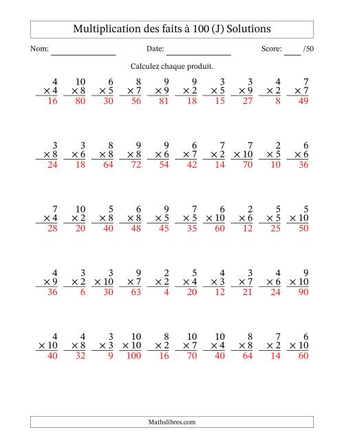 Multiplication des faits à 100 (50 Questions) (Pas de zéros ni de uns) (J) page 2