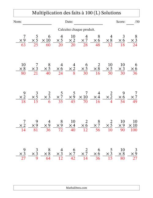 Multiplication des faits à 100 (50 Questions) (Pas de zéros ni de uns) (L) page 2
