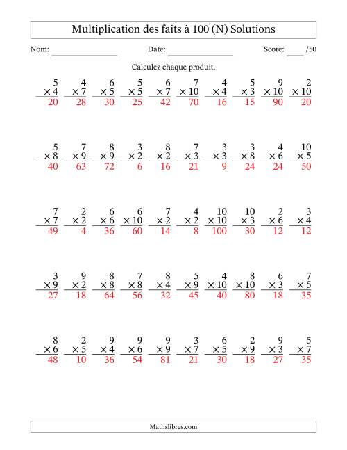 Multiplication des faits à 100 (50 Questions) (Pas de zéros ni de uns) (N) page 2