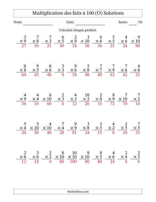 Multiplication des faits à 100 (50 Questions) (Pas de zéros ni de uns) (O) page 2