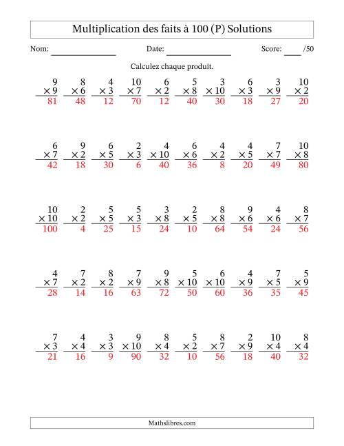 Multiplication des faits à 100 (50 Questions) (Pas de zéros ni de uns) (P) page 2