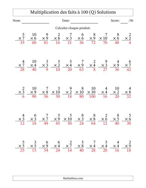 Multiplication des faits à 100 (50 Questions) (Pas de zéros ni de uns) (Q) page 2