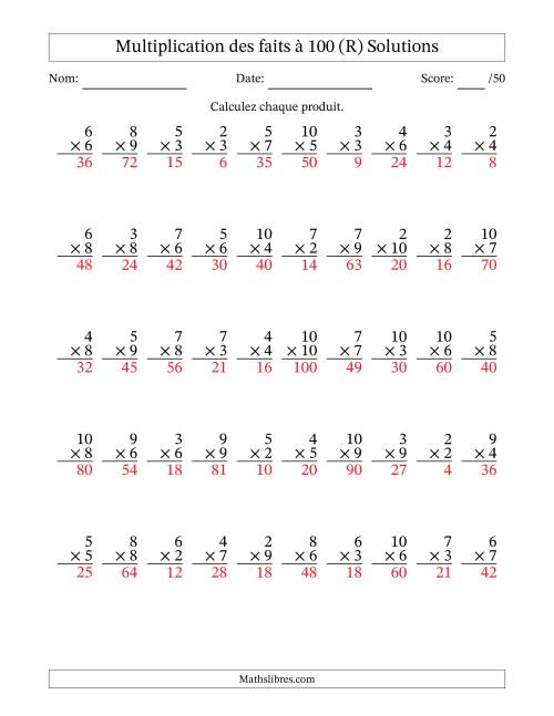 Multiplication des faits à 100 (50 Questions) (Pas de zéros ni de uns) (R) page 2