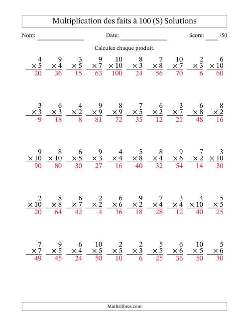 Multiplication des faits à 100 (50 Questions) (Pas de zéros ni de uns) (S) page 2
