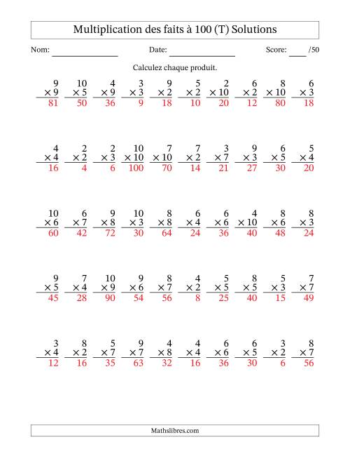 Multiplication des faits à 100 (50 Questions) (Pas de zéros ni de uns) (T) page 2