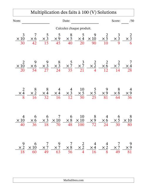 Multiplication des faits à 100 (50 Questions) (Pas de zéros ni de uns) (V) page 2