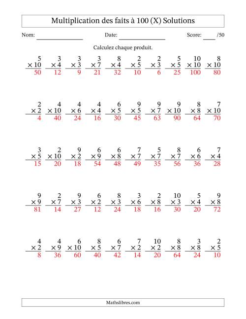 Multiplication des faits à 100 (50 Questions) (Pas de zéros ni de uns) (X) page 2