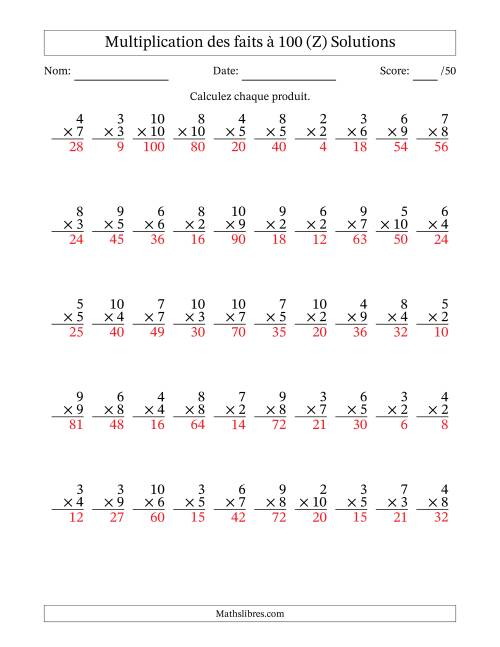 Multiplication des faits à 100 (50 Questions) (Pas de zéros ni de uns) (Z) page 2