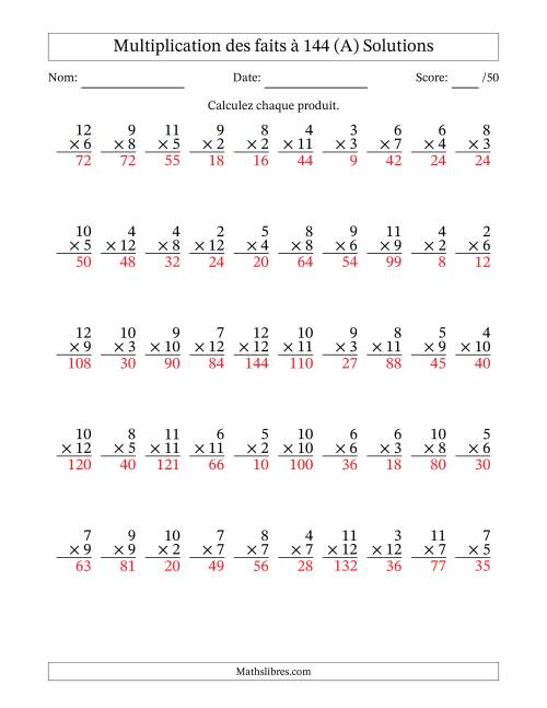 Multiplication des faits à 144 (50 Questions) (Pas de zéros ni de uns) (A) page 2