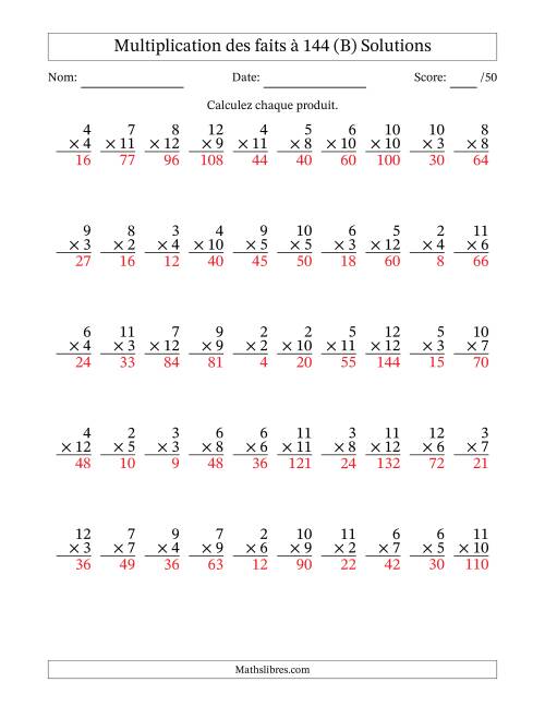 Multiplication des faits à 144 (50 Questions) (Pas de zéros ni de uns) (B) page 2