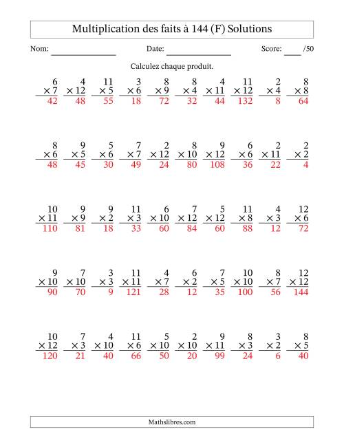 Multiplication des faits à 144 (50 Questions) (Pas de zéros ni de uns) (F) page 2