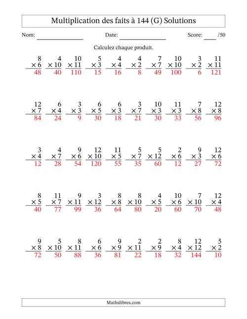Multiplication des faits à 144 (50 Questions) (Pas de zéros ni de uns) (G) page 2