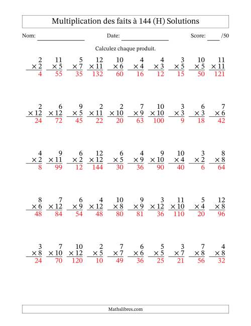 Multiplication des faits à 144 (50 Questions) (Pas de zéros ni de uns) (H) page 2