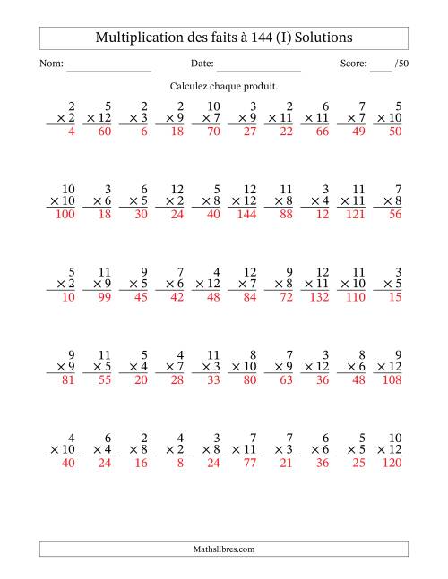Multiplication des faits à 144 (50 Questions) (Pas de zéros ni de uns) (I) page 2