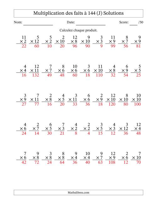 Multiplication des faits à 144 (50 Questions) (Pas de zéros ni de uns) (J) page 2
