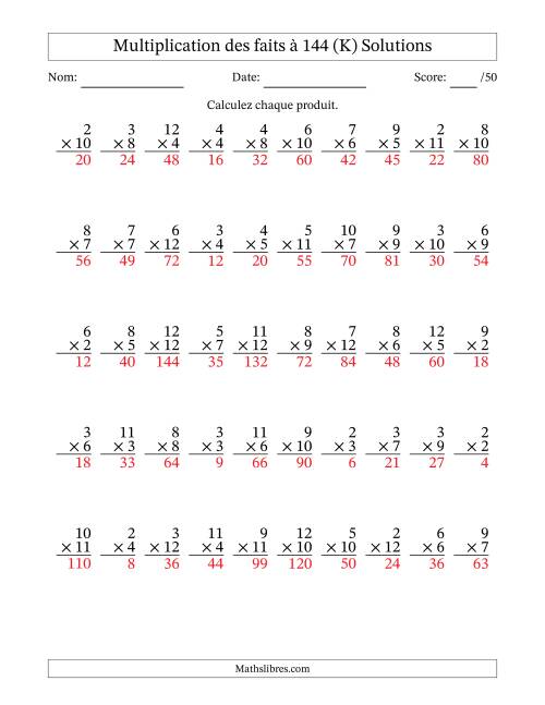 Multiplication des faits à 144 (50 Questions) (Pas de zéros ni de uns) (K) page 2